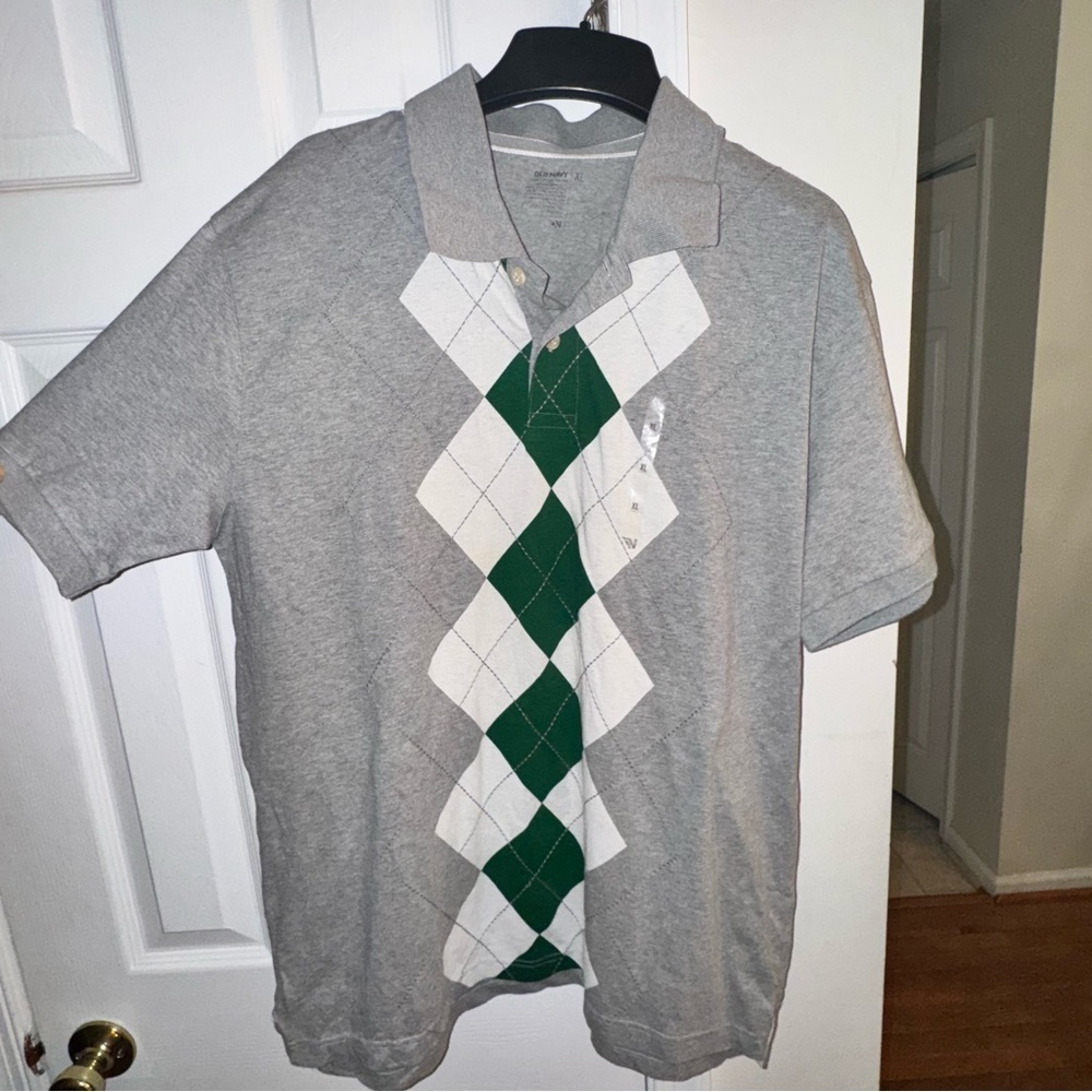 Old Navy Men's XL Gray Green White Argyle Polo Shirt  Preppy Aesthetic NWOT - Picture 2 of 5
